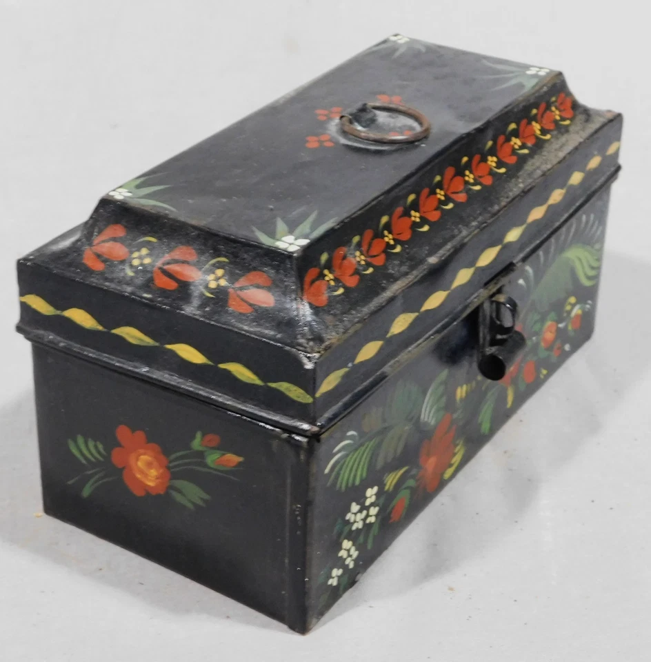 Antique tole hand painted box jewelry tin trinket floral foliage 19th c document - Image 2 of 4