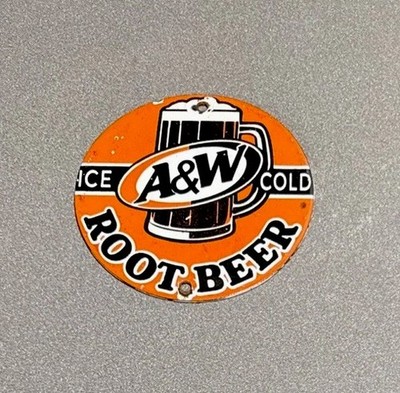 VINTAGE A & W ROOT BEER SODA COLA PORCELAIN SIGN CAR GAS TRUCK OIL MOTORCYCLE