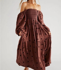 ⭐Free People Dahlia Embroidered Maxi Dress Black Combo Puff Smocked Medium