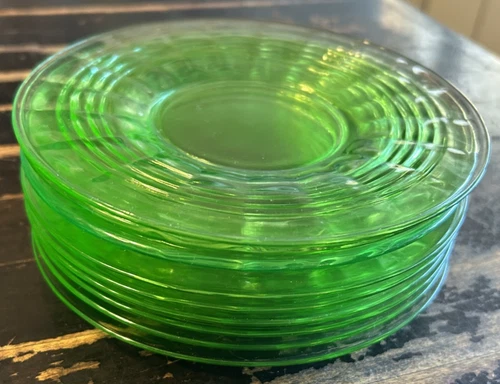 Three (3) Anchor Hocking Green Uranium Glass Circle Band Plates 6 in (11 avail)