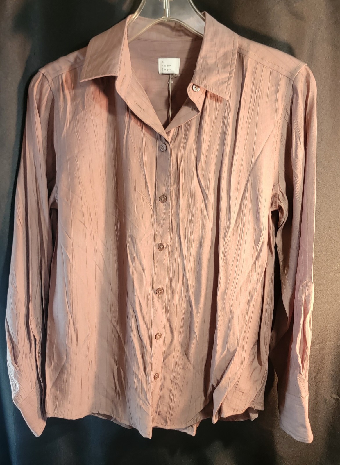 NWT A New Day Women's Long Sleeve Button Down Shirt Taupe Brown Med Button Cuff