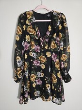 Lulus Love Abound Black Floral Print Long Sheer Sleeve V-neck Ruffle Dress M