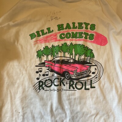 VTG BILL HALEYS COMETS SINGLE STITCH T-SHIRT MENS XL SIGNED 1957 CAR NEON