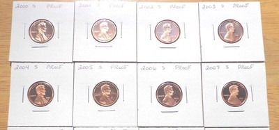 2000 2001 2002 2003 2004 -  2007 2008 S Lincoln Cent Penny Proof 9 Coin Set Lot