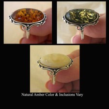 BALTIC HONEY, BUTTERSCOTCH or GREEN AMBER STERLING SILVER HANDMADE RING