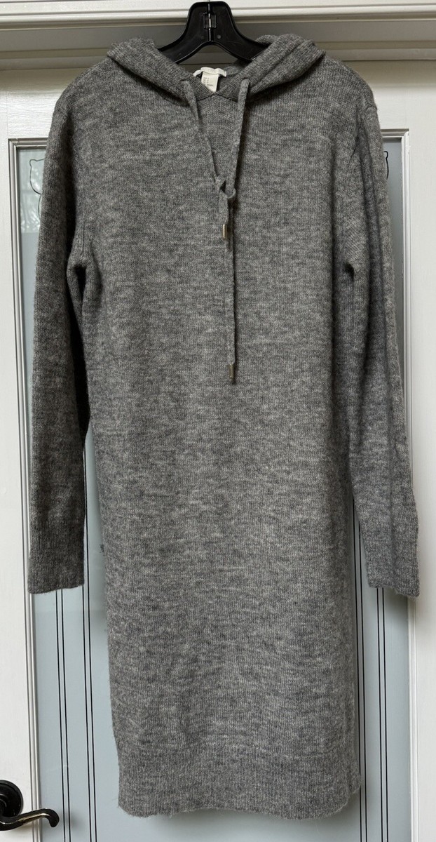 H&M Gray Wool/Mohair Knitted Drawstring Hooded Side Slits Sweater Dress, SZ  S