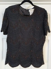 Papell Boutique Evening Beaded Black Silk Lined Top Blouse Women’s Large Pretty