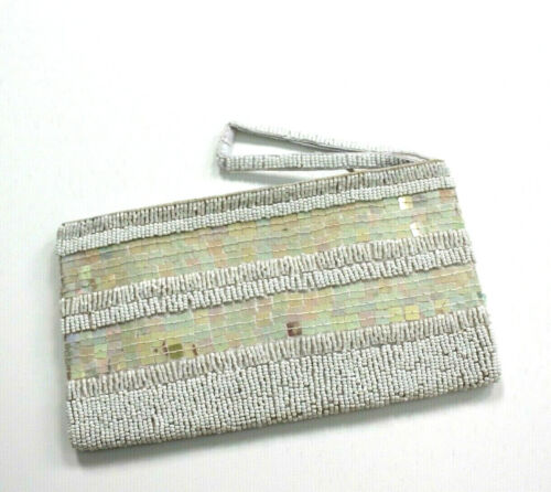 Pochette pochette con perline paillettes zip cinturino da polso bianco iridescente fatta a mano - Foto 2 di 6