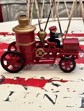 VTG Cast Iron Red  Gold Fire Engine Pumper Toy Truck Moving Wheels