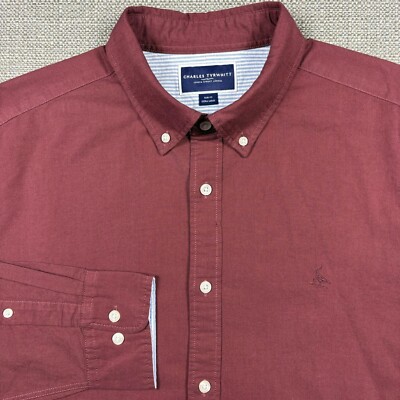 Charles Tyrwhitt Mens OCBD Shirt XL Long Sleeve Solid Maroon Red Slim Embroidery