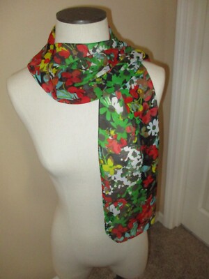 Cejon Black Red Green Yellow Flowers Floral Sheer Oblong Scarf 62''