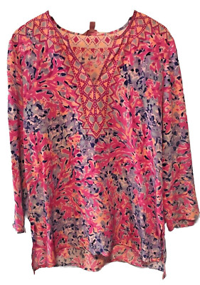 Lilly Pulitzer Women s M Pink Silk 3/4 Sleeve Renato Coco Coral Crab Tunic Top