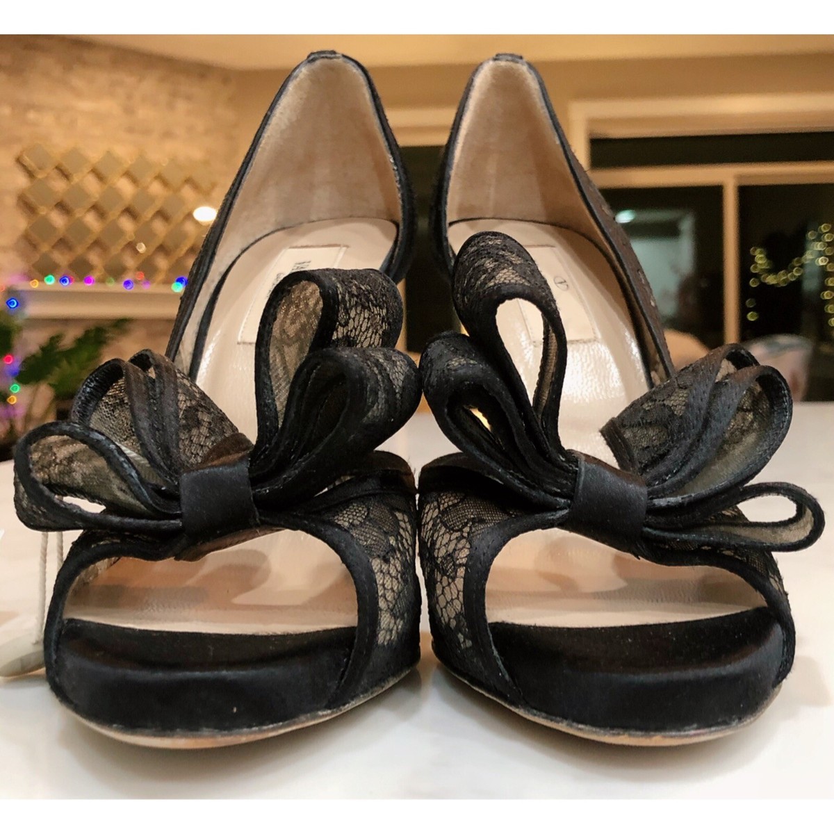 VALENTINO GARAVANI Black D'orsay Floral Lace Bow Peep Toe