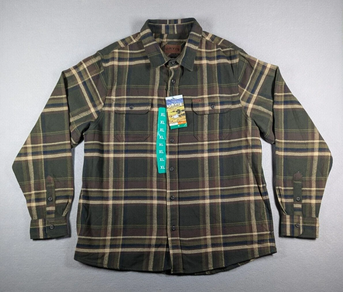 Orvis Shirt Mens Size XL Green Plaid Flannel Pockets Shacket Workwear Chores
