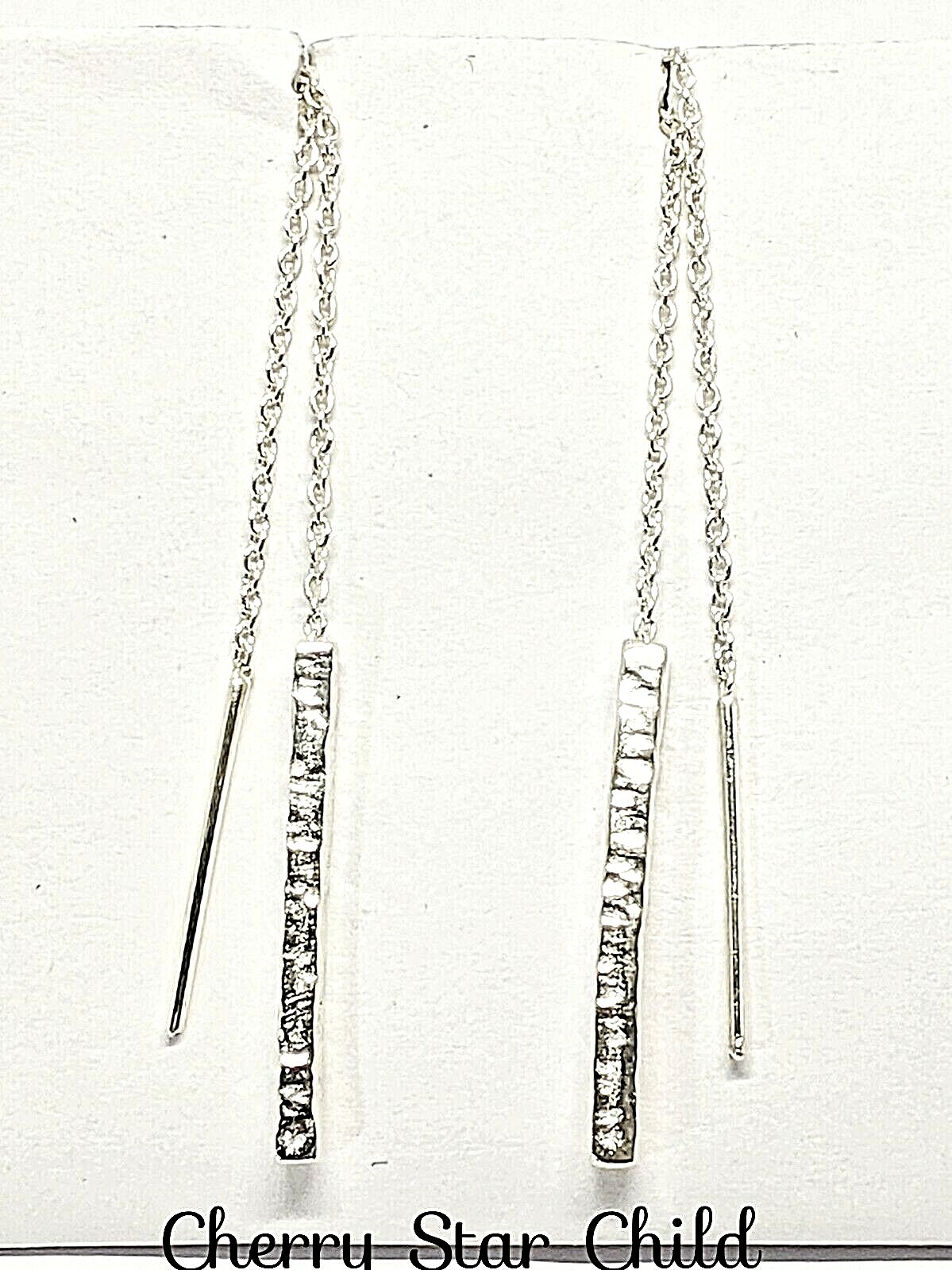 Solid sterling 925 silver drop earrings threaded … - image 1