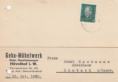 HÖVELHOF, Postkarte 1930, Geha-Möbelwerk Gebrüder Henrichsmeyer