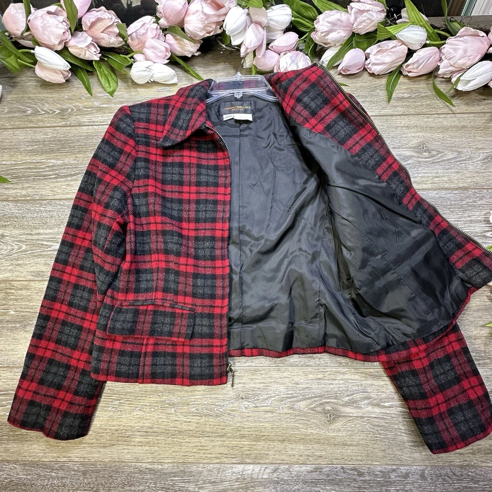Chaqueta Harris Wallace Talla Mediana Pequeña Rojo Búfalo Cuadros Tweed Blazer Corto Foto 4 de 4