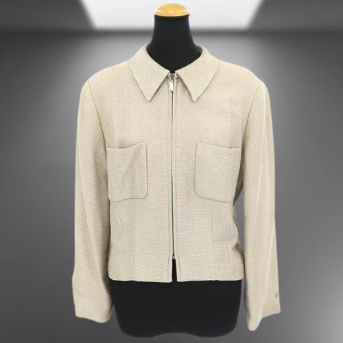 Giacca CHANEL zip tasca frontale grigio misto lino rayon taglia 38 semplice donna