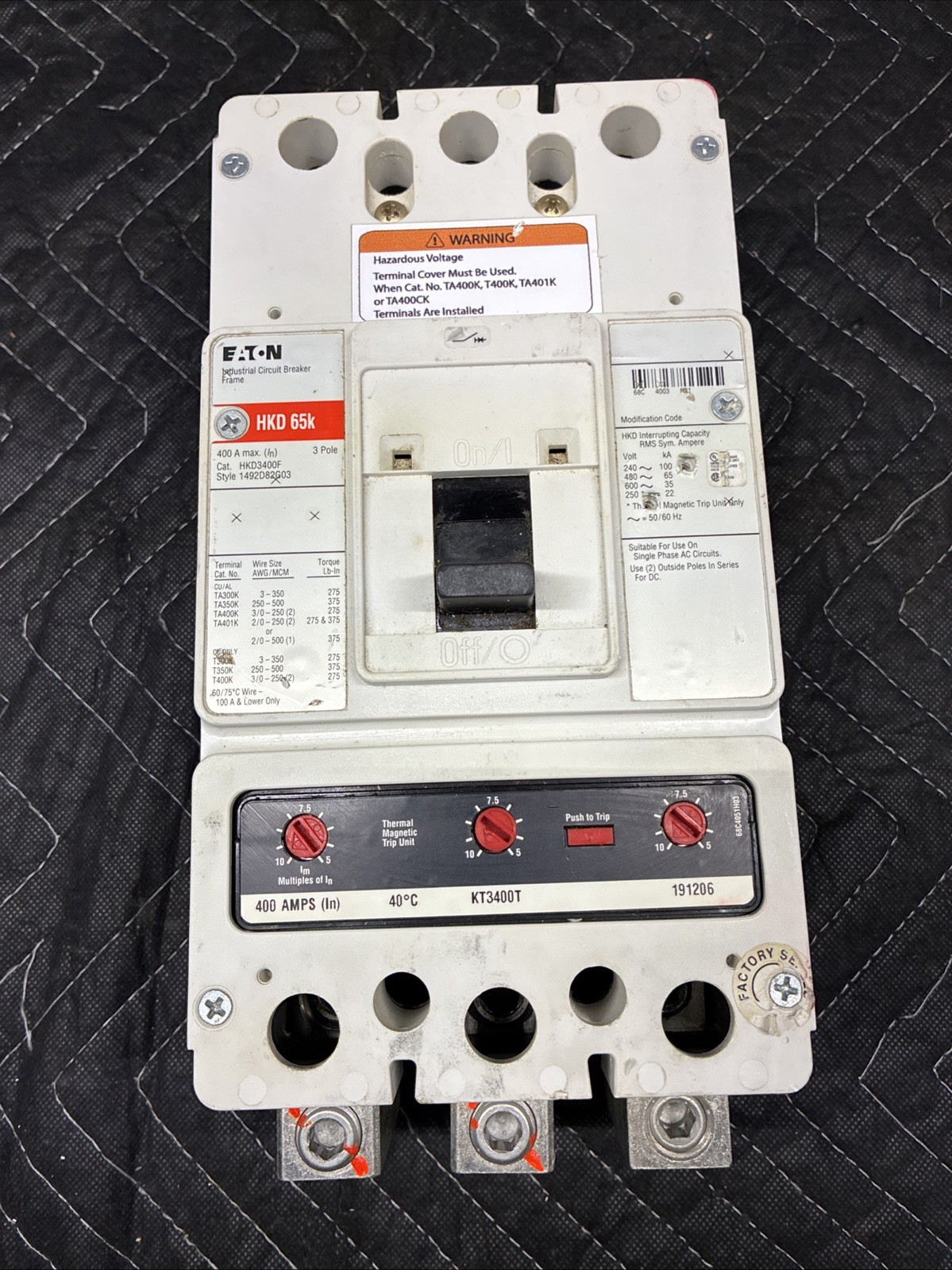 Eaton HKD3400F 65K 600V 400A Circuit Breaker with KT3400T Overloads.