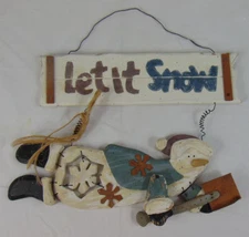 Primitive Rustic Wood Snowman LET IT SNOW Hanging Sign Christmas Country Art