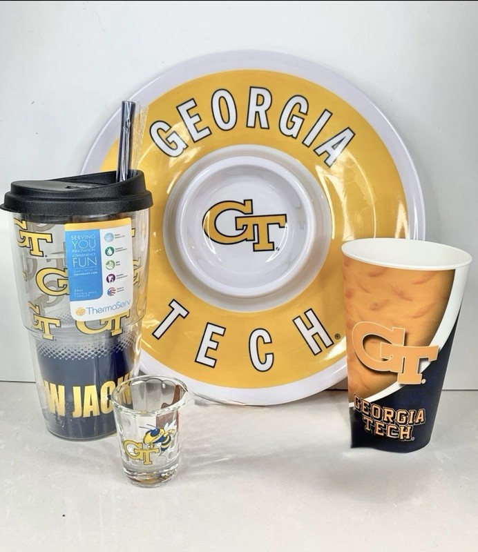 GEORGIA TECH LOT Yellow Jackets Chip Dip Snack Tray Travel Cup Shot Glass