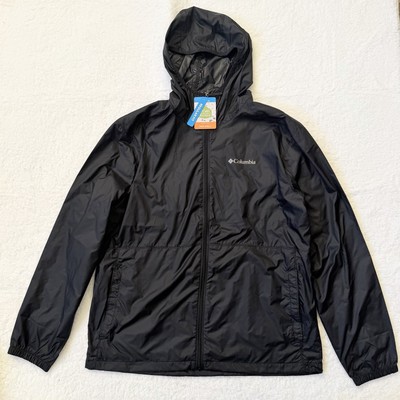NEW COLUMBIA MEN'S CENTER RIDGE II WINDBREAKER HOODED BLACK JACKET SIZE L