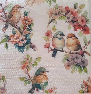 2 individual Paper Decoupage BEVERAGE NAPKINS -SMALL BIRDS FLOWER BRANCHES
