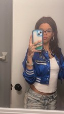 Blue Bomber Jacket Women Striped Cuffs Embroi...