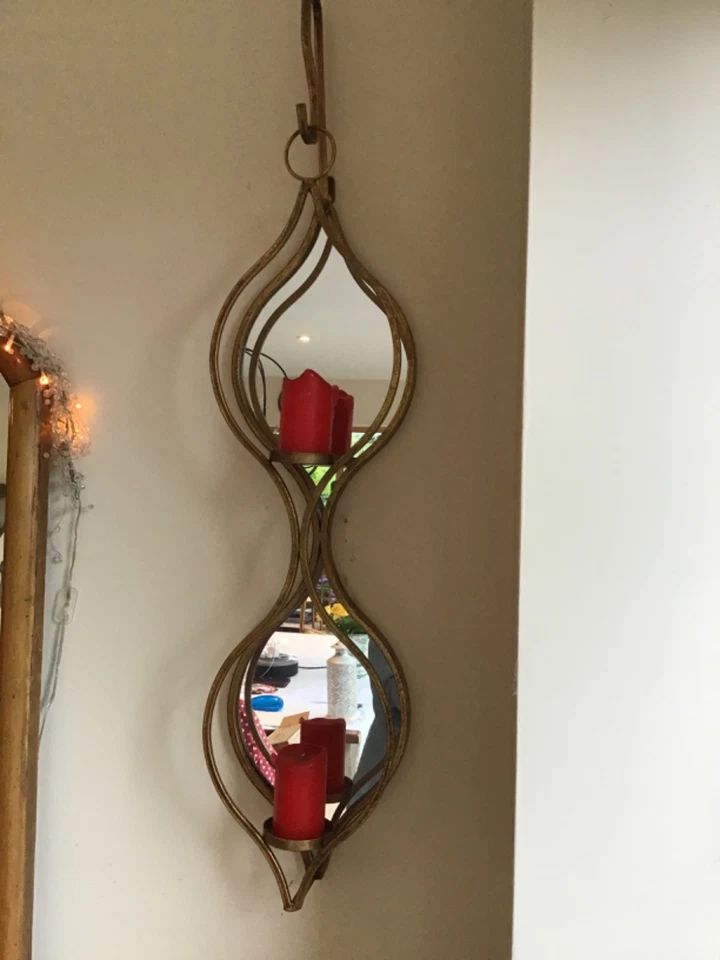 Double Mirrored Hanging Candleholder Sconce Gold-Painted Metal Finish 86cm Tall - Image 3 of 4