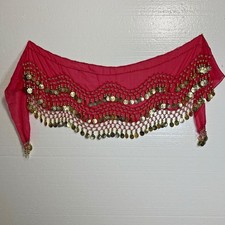 Women's Belly Dance Pink Hip Scarf Wrap Belt with Gold tone Coins Beads