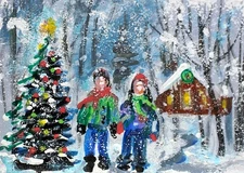 ACEO Original PAINTING Winter People XMAS Cabin Trees Snow House Landscape ART