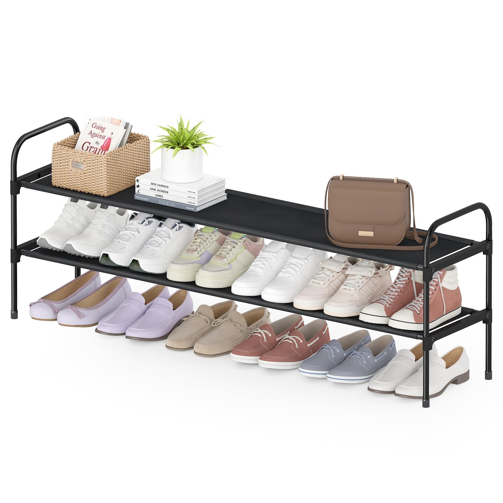 2 Tier Long Shoe Rack for Closet, Screw Fastened Plastic Connector Shoe Stora...