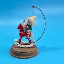 Hand Painted Wooden Cowboy on Red Rocking Horse Christmas Ornament 4 Inch