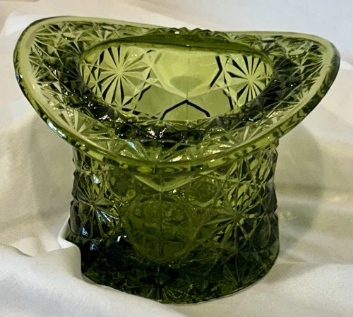 Vintage Fenton Toothpick Holder Olive Green Glass Large Top Hat Daisy & Button