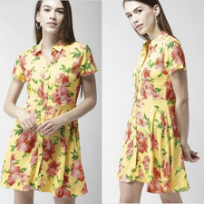 Forever 21 Floral Shirt Dress Womens L Yellow Pink Fit Flare Button Up Mini