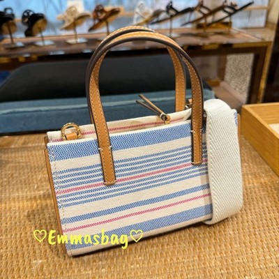 Tory Burch Blake Stripe Canvas Mini Tote 175965 $380 Multi/Walnut