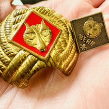 Vintage Boy Scouts of America Bear Pin & Neckerchief Scarf Red Wolf Tie Slide