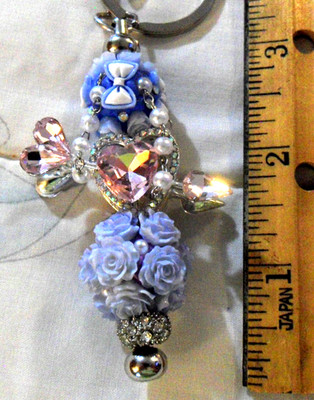 Fancy Lilac BLue Keychain Hearts & Blue Roses, w/Silver & Pink Rhinestone Heart