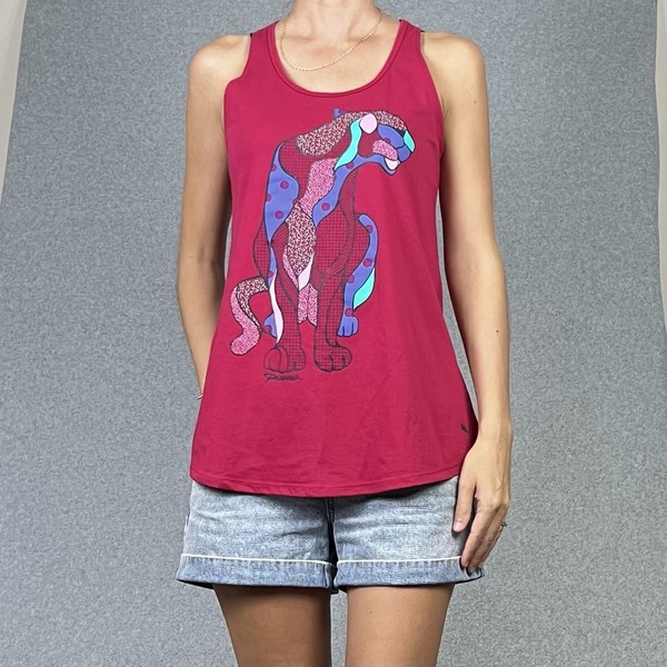 PUMA Tank Top Womens 10 Pink Cat Graphic Singlet Twist Racerback Activewear Gym