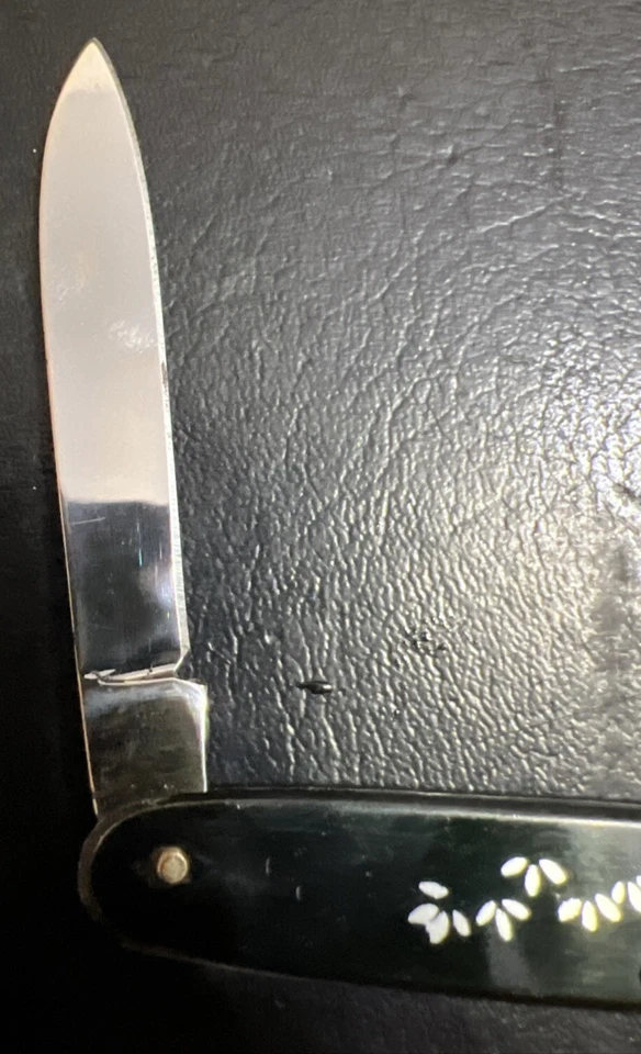 Cuchillo de bolsillo chino vintage ciervo ganso negro aluminio latón hoja única Foto 4 de 4