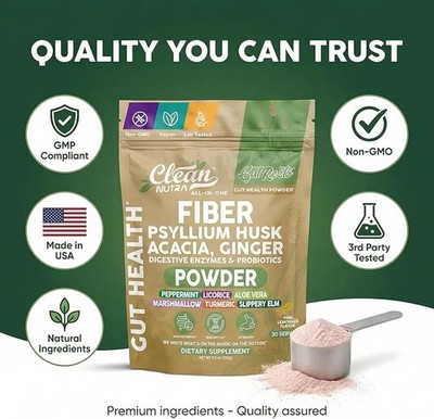 Clean Nutra Gut Restore Fiber Powder Pink Lemonade Acacia Psyllium Ginger Vegan