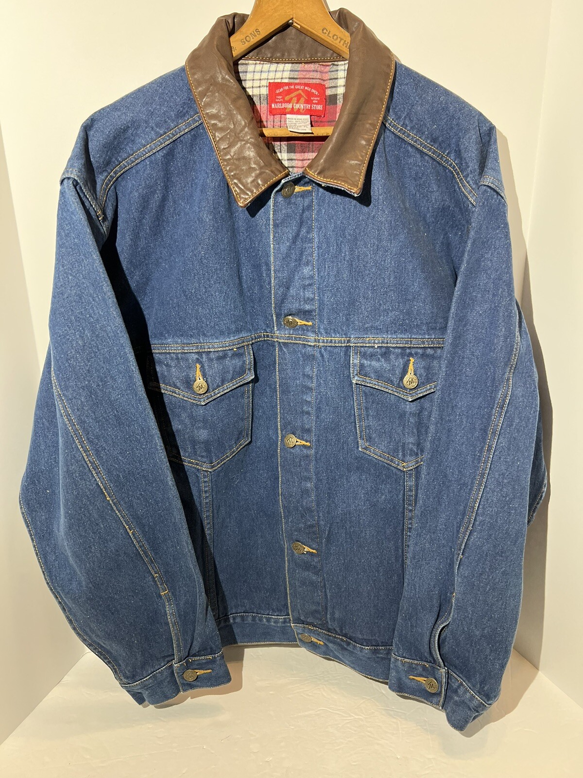 Vintage Denim Jacket  Leather Collar Men's Size XL Marlboro Country Store EUC-image