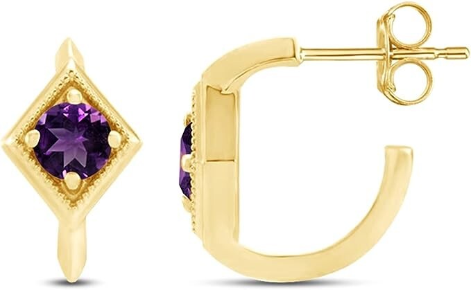 Geometric Round Hoop Earrings with Simulated Amethyst in 14K Gold Plated Silver  