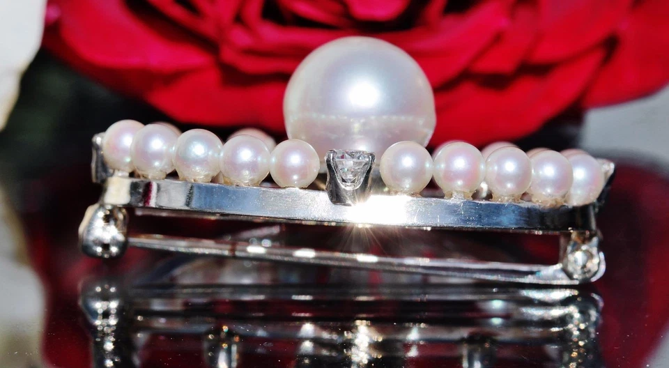 Broche prendedor oro blanco 14k 9mm perla cultivada y diamante 0.50c años 30 hecho a mano 5.8g Foto 3 de 4