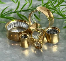 PAIR Inner Clear Gems Gold Ion Plated Steel Saddle Tunnels Plugs Gauges