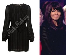 TOPSHOP Black Velvet Glitter Stripe Sheer Long Sleeve Shift Smock Dress UK6 34