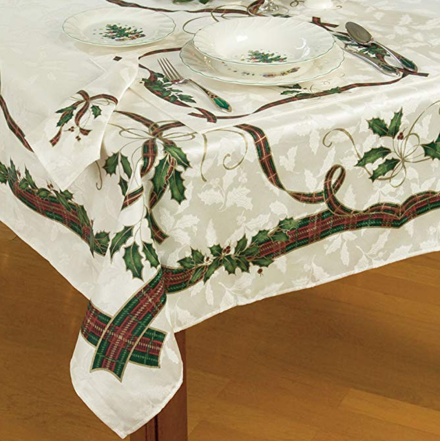 NIP Lenox Holiday Nouveau 60x140 Tablecloth Green/Red Plaid Ribbon