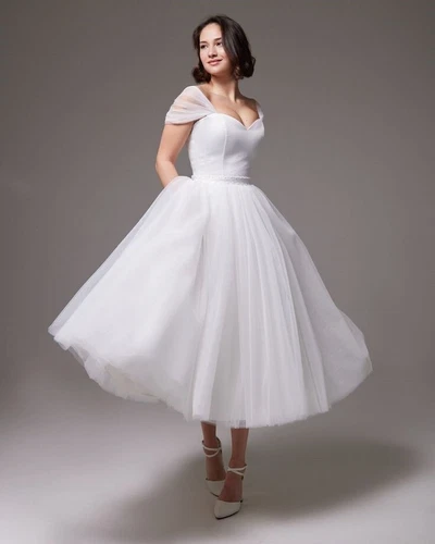 Tea Length Wedding Dresses Beach Boho Short Sleeves 2025 Elegant Bridal Gowns - Picture 3 of 7