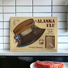 Vintage Alaska Ulu Legendary Arctic Knife Stainless Steel Wood Stand NIB