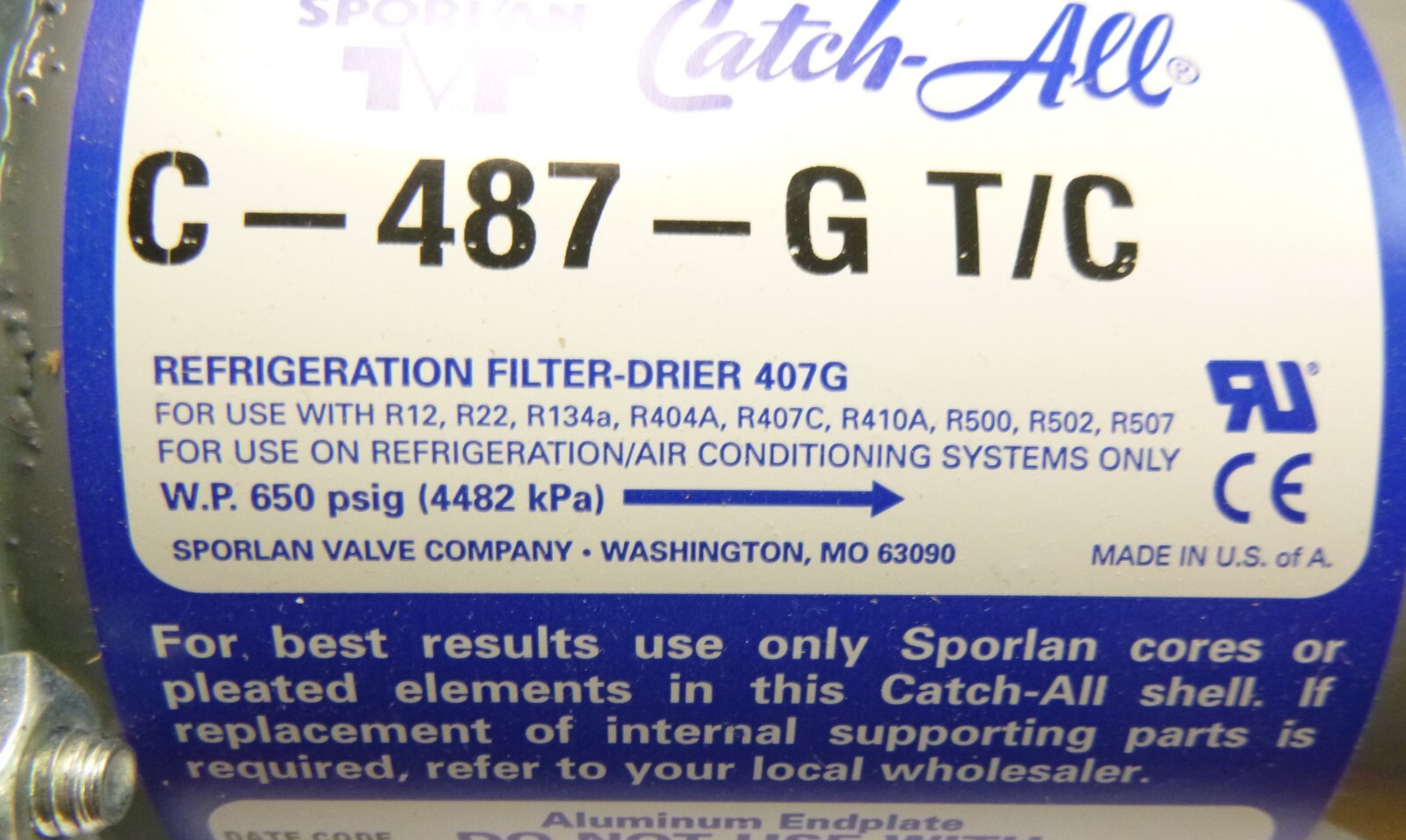 Sporlan C-487-G T/C Liquid Line Replaceable Core Filter-drier 7/8" Solder 650Psi